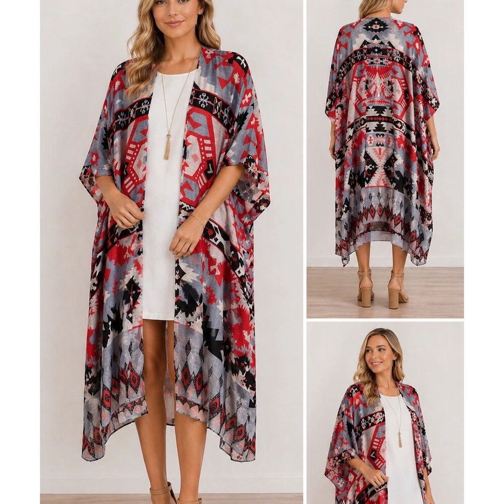 Styliné Kimono Duster Tribal Aztec Southwest Print One Size Thin Lightweight New